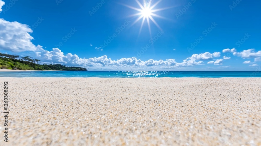 a beach with the sun shining brightly over the crystal clear blue ocean, surrounded by lush green trees and a bright blue sky with white fluffy clouds a beach with the sun shining brightly over the crystal clear blue ocean, surrounded by lush green trees and a bright blue sky with white fluffy clouds