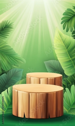 Wooden podiums in lush jungle with sunlight, ideal for product displays