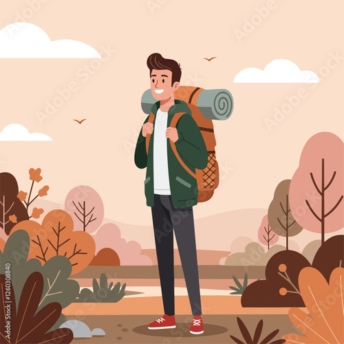 Happy Hiker with Backpack Enjoying Outdoor Adventure in Autumn Landscape