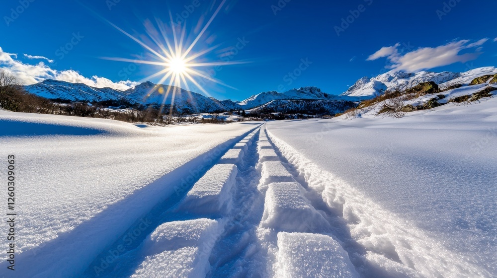 a snow covered field with the sun shining brightly in the sky, surrounded by trees and mountains in the background The snow is pristine and untouched, creating a p a snow covered field with the sun shining brightly in the sky, surrounded by trees and mountains in the background The snow is pristine and untouched, creating a p