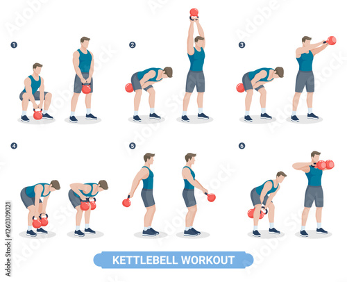 Kettlebell exercise workouts for men vector illustration.