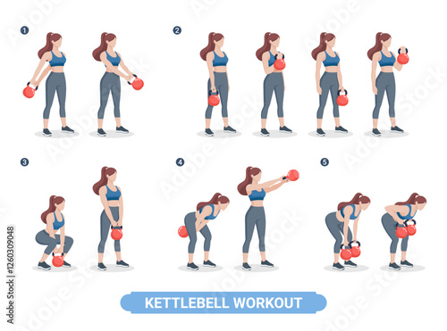Kettlebell exercise workouts for women vector illustration.