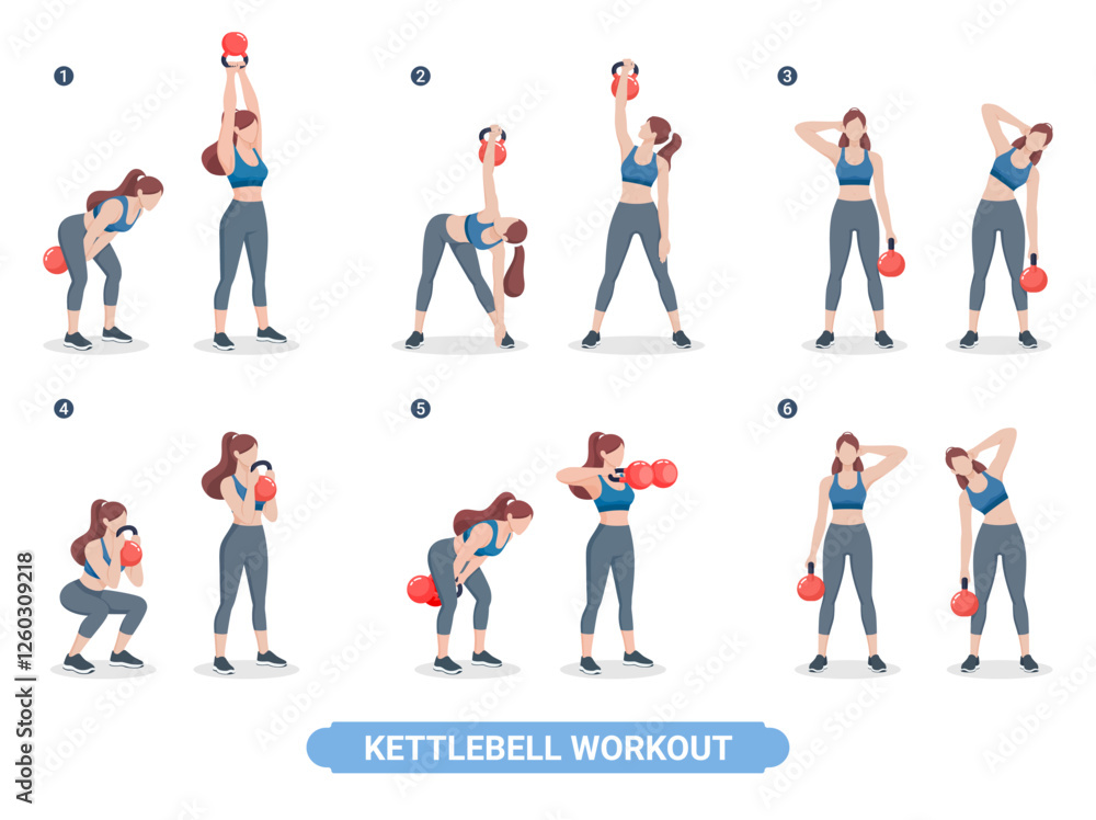 Kettlebell exercise workouts for women vector illustration. Kettlebell exercise workouts for women vector illustration.