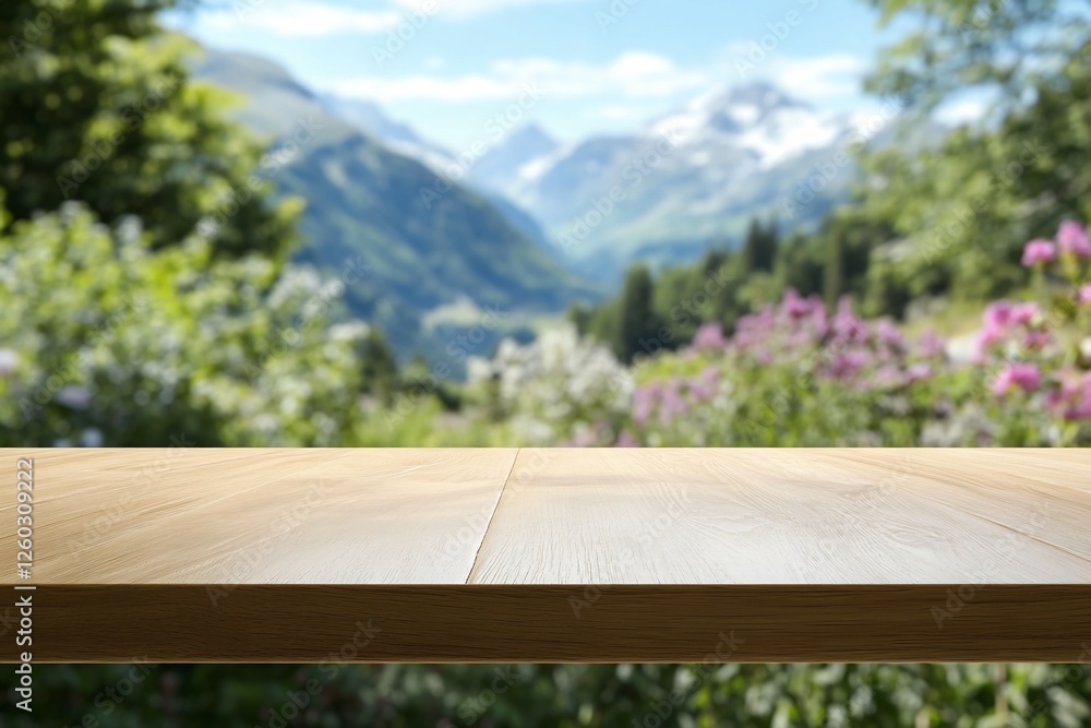 Serene wooden table in focus with a breathtaking mountain view backdrop Serene wooden table in focus with a breathtaking mountain view backdrop