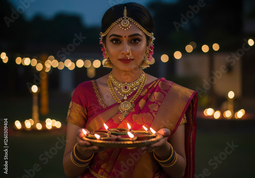 Elegant Indian Woman Standing Outside with a Puja Thaali Filled with Glowing Diyas for Diwali Rituals photo