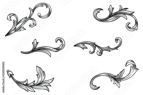 Set of Baroque Scroll engraving Ornament. Victorian filigree decoration element, Floral flourish Graphic Design with Spirals and scrolls vector illustration