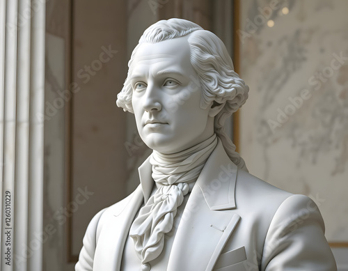 White marble bust of President George Washington. George Washington was the first president and one of the Founding Fathers of the United States of America