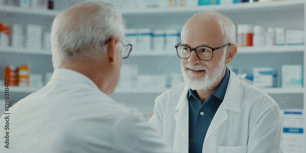 Obraz premium An elderly man consulting with a pharmacist, receiving advice on managing prescriptions