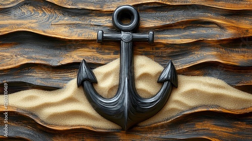 Black Anchor on Sand and Wood: A Nautical Masterpiece photo