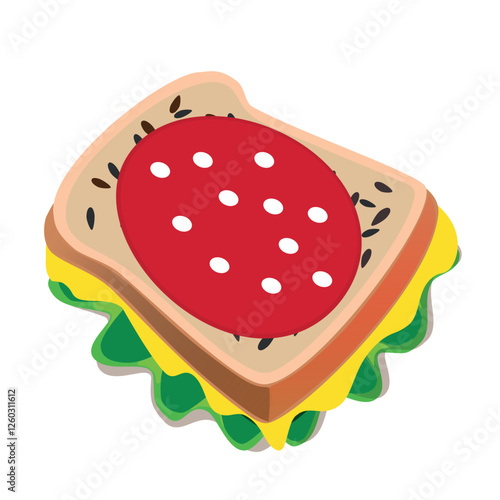Brown hand-drawn vector illustration of rectangular piece of bread with seeds and sausage cheese lettuce isolated on a white background