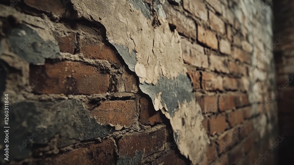 Fototapeta premium Weathered brick wall texture, interior, decay, background, design