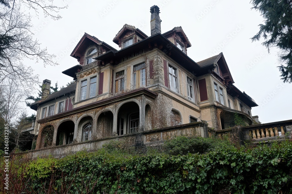 Grand, aged mansion on a hillside, showing signs of decay. Grand, aged mansion on a hillside, showing signs of decay.