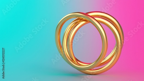 financial benefits savings performance concept. Three interlocking gold rings on a colorful gradient background. photo