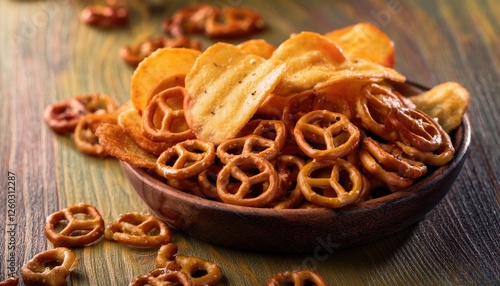 Salty snacks. Pretzels, chips, crackers photo