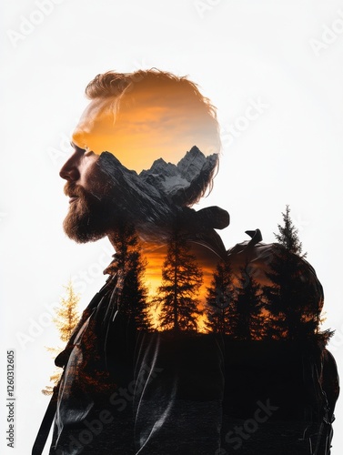 Young caucasian male hiker with mountain and forest silhouette at sunset.