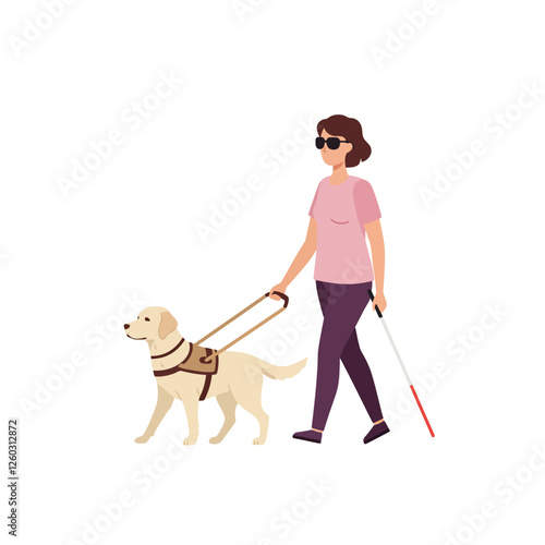 Woman Walking with Guide Dog and Cane Assistance for the Visually Impaired