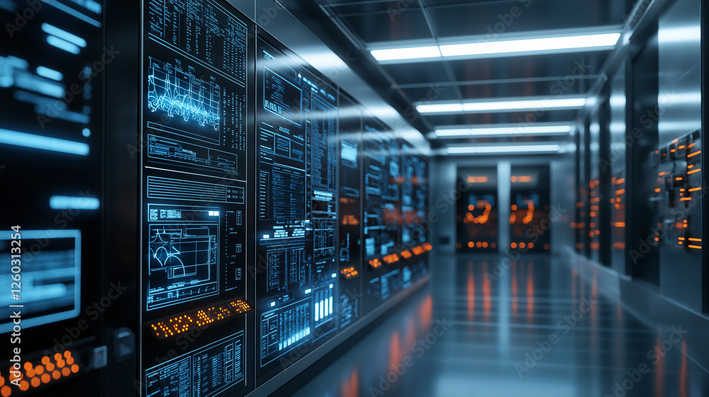 Fototapeta premium A fully automated generator testing facility, where real-time diagnostics are displayed on massive digital control panels, ensuring peak performance.