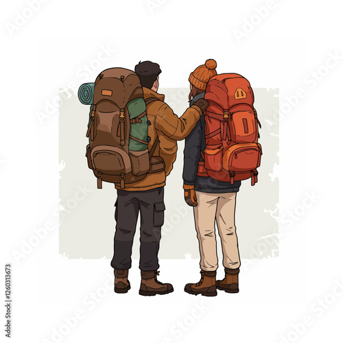 Couple Hiking with Backpacks Adventure Trip in Autumn Season