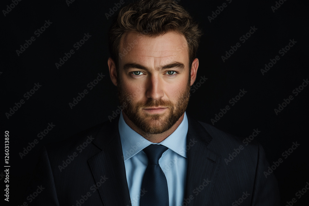 Professional portrait of a 30-year-old man wearing a light blue shirt, dark jacket, and tie, with a short beard and neatly styled hair, set against a black background for a sharp and sophisticated loo Professional portrait of a 30-year-old man wearing a light blue shirt, dark jacket, and tie, with a short beard and neatly styled hair, set against a black background for a sharp and sophisticated loo