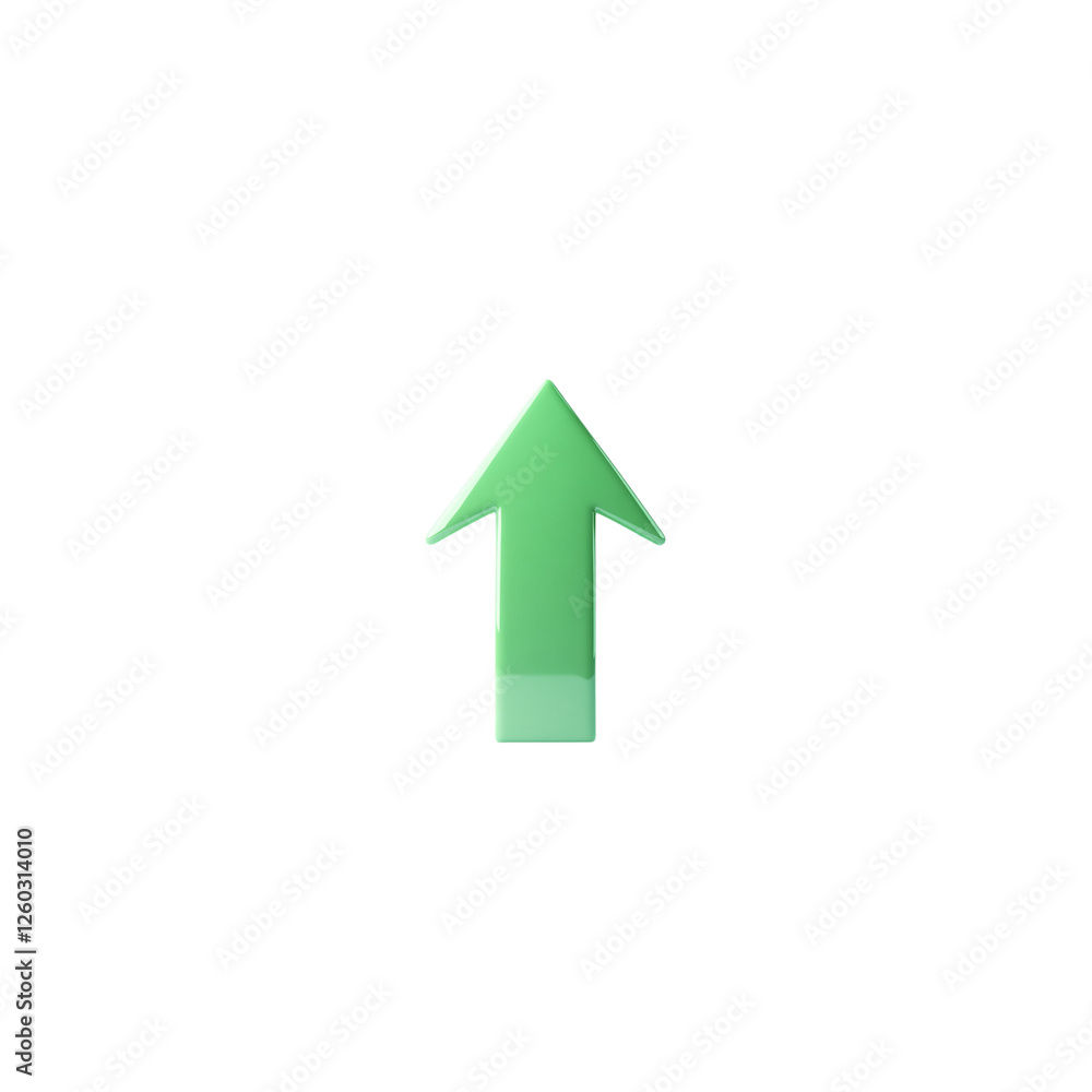 3D rendering of a shiny green arrow icon pointing up on a white background.
3D rendering of a shiny green arrow icon pointing up on a white background.