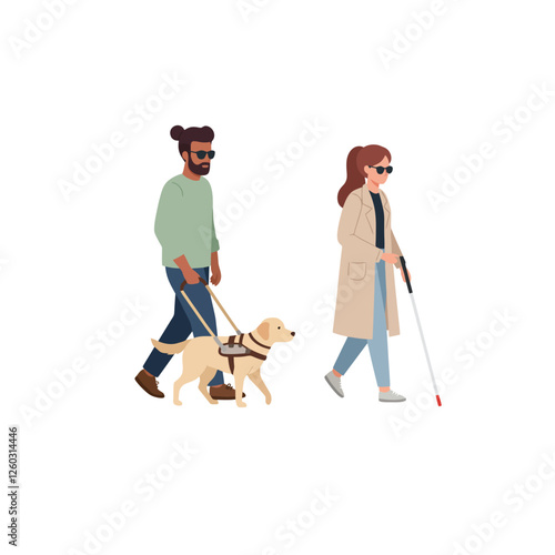 Walking People with Disabilities Assisted by Guide Dog and Cane