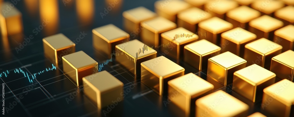 financial benefits savings performance concept. Close-up of shiny gold cubes on a dark surface with a grid pattern. financial benefits savings performance concept. Close-up of shiny gold cubes on a dark surface with a grid pattern.