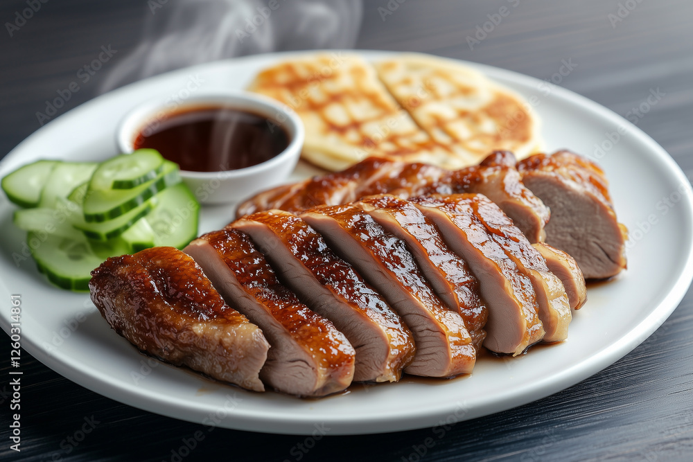 a beautifully roasted Peking duck with crispy, golden-brown skin, sliced and arranged on a round white plate. a beautifully roasted Peking duck with crispy, golden-brown skin, sliced and arranged on a round white plate.