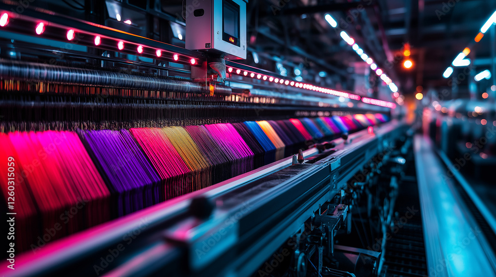 Fototapeta premium A smart textile factory, illuminated by bright LED panels, featuring automated weaving machines feeding boldly colored threads into high-speed looms.