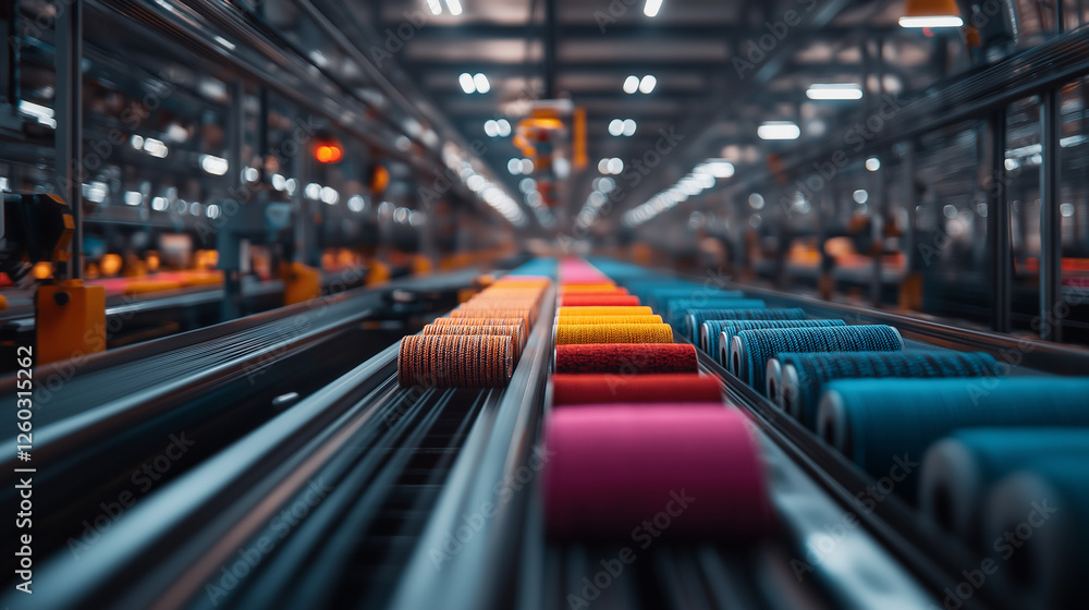 A birdâs-eye perspective of a weaving facility, showing conveyor belts feeding freshly woven colorful textiles through automated quality control scanners. A birdâs-eye perspective of a weaving facility, showing conveyor belts feeding freshly woven colorful textiles through automated quality control scanners.