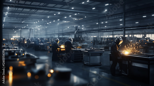 A large industrial metalworking workshop where welding stations and high-powered grinders operate in synchronized motion, workers wearing protective gear and safety glasses. photo