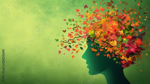 Artistic depiction of a human profile with colorful autumn leaves and branches creating hair, set against a soft green textured background. AI generated.