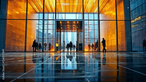 City business people enter modern building lobby at night