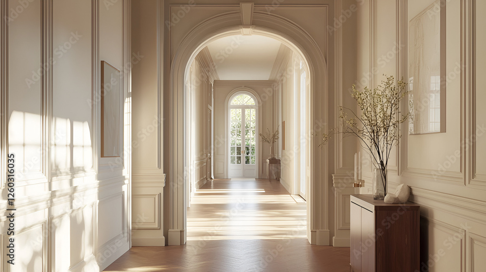 Fototapeta premium Elegant hallway with natural light. Wood floors lead to arched doorway, connecting spaces in a refined, neutral color palette.