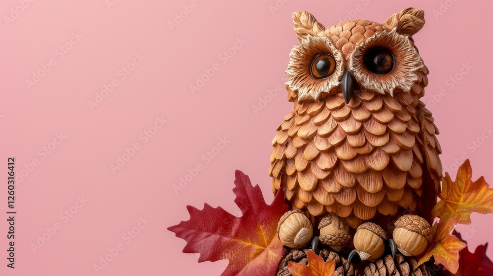 Obraz premium A detailed wooden owl with intricate carvings, surrounded by vibrant autumn leaves and acorns on a soft pink background. A warm and festive seasonal image. AI generated.