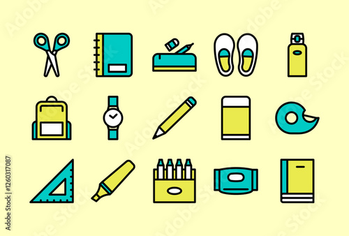 School supplies icons set. Outline color vector illustration icons collection. 