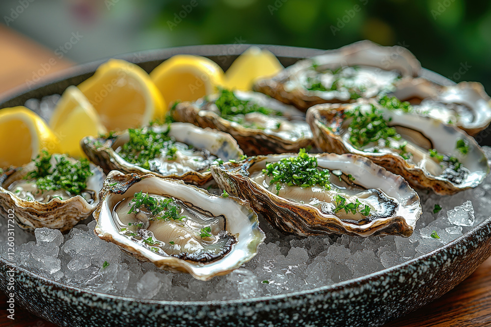 Fresh oysters on ice with lemon wedges and greens Fresh oysters on ice with lemon wedges and greens