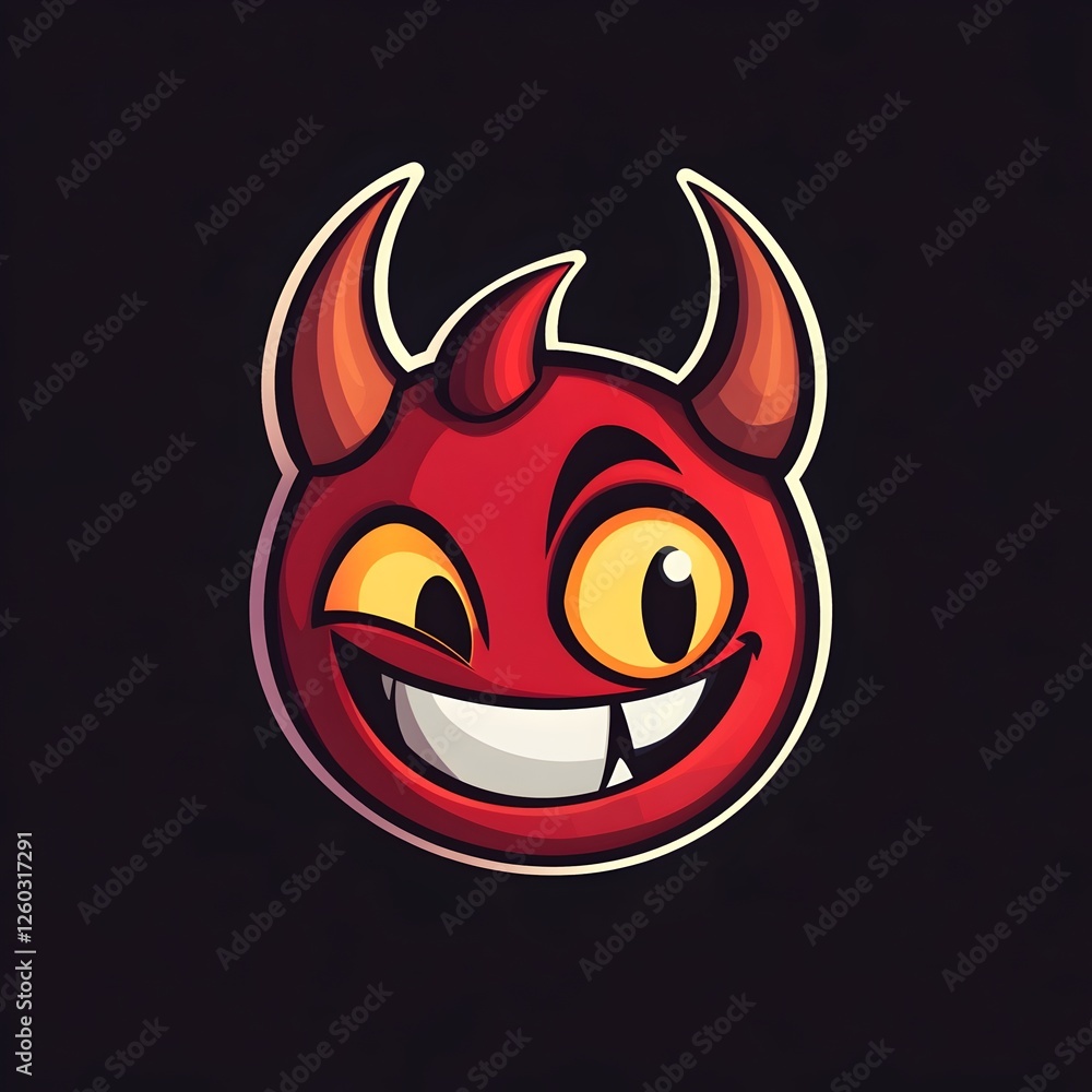 Cartoon Logo of a Smiling Red Devil Head with Yellow Eyes, Mascot Cartoon Logo of a Smiling Red Devil Head with Yellow Eyes, Mascot