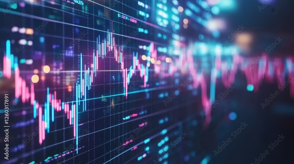 Stock market chart, financial chart with glowing candlestick patterns and fluctuating trend lines Stock market chart, financial chart with glowing candlestick patterns and fluctuating trend lines