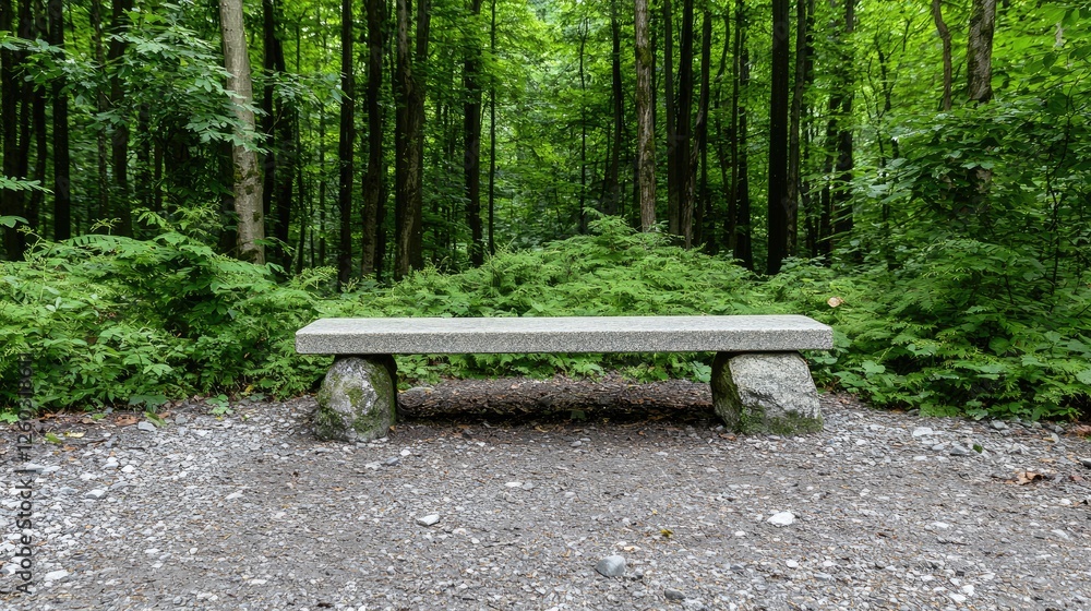Stone bench in tranquil forest, nature trail background; serenity Stone bench in tranquil forest, nature trail background; serenity