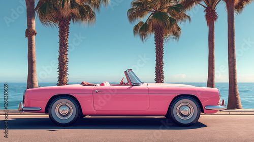 Vintage pink convertible parked by palm trees and ocean.
