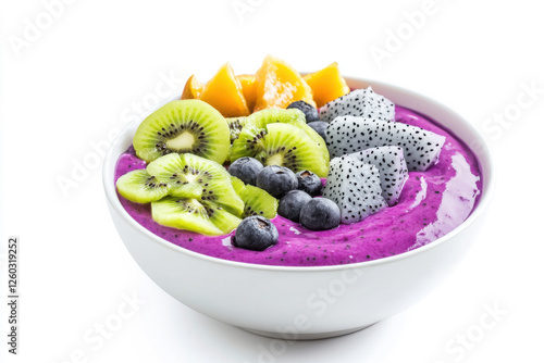 Vibrant smoothie bowl topped with assorted fresh fruits and nutritious ingredients. isolated on white background.