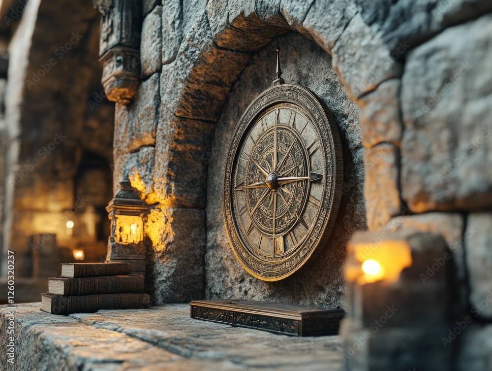 Fototapeta premium Ancient compass, stone alcove, candlelight, books, mystery.