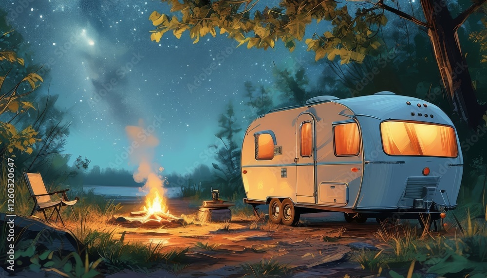a small trailer trailer, illuminated from the inside by light, stands alone in the forest, a place to relax and picnic a small trailer trailer, illuminated from the inside by light, stands alone in the forest, a place to relax and picnic