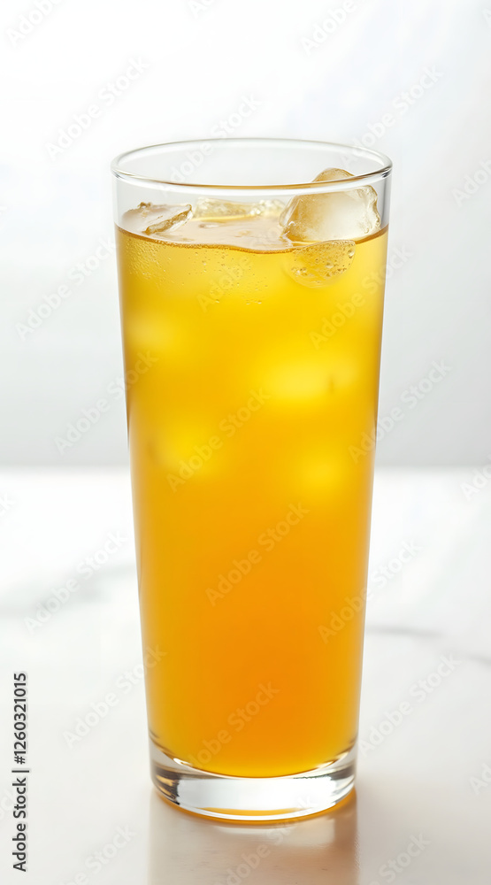A modern glass filled with iced turmeric drink, showcasing vibrant yellow hues and condensation enhancing its refreshing appeal A modern glass filled with iced turmeric drink, showcasing vibrant yellow hues and condensation enhancing its refreshing appeal