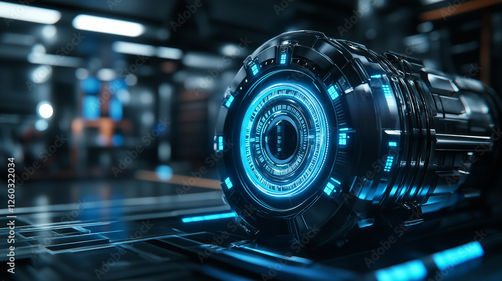 Fototapeta premium A sleek, futuristic generator, glowing with blue LED indicators, placed in an advanced research facility specializing in energy-efficient industrial machinery.