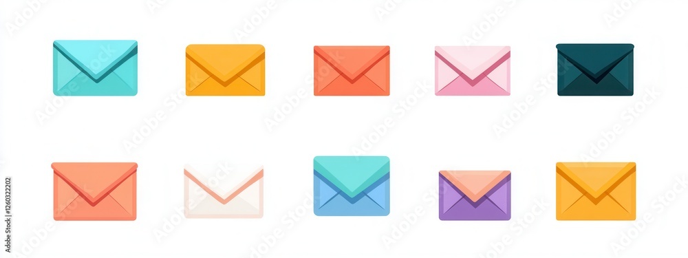 Diverse Envelope Designs, a collection of envelope icons showcasing various flap styles against a clean white backdrop, ideal for stationery inspiration Diverse Envelope Designs, a collection of envelope icons showcasing various flap styles against a clean white backdrop, ideal for stationery inspiration