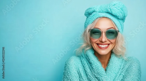 A fashionable woman dons a towel turban, sunglasses, and a teal fuzzy robe, smiling brightly against a solid teal background, showing relaxation and style. photo