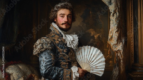 Elegant nobleman holds antique fan, regal portrait.