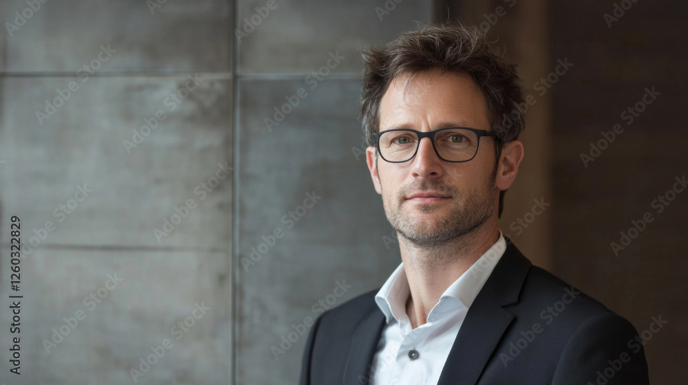 Professional man in suit with glasses poses confidently against a textured wall background, conveying a sense of authority and focus Professional man in suit with glasses poses confidently against a textured wall background, conveying a sense of authority and focus