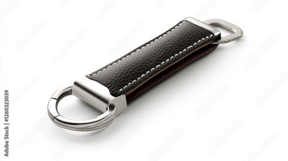 Sleek black leather car key fob with metal accents resting on a white background Sleek black leather car key fob with metal accents resting on a white background